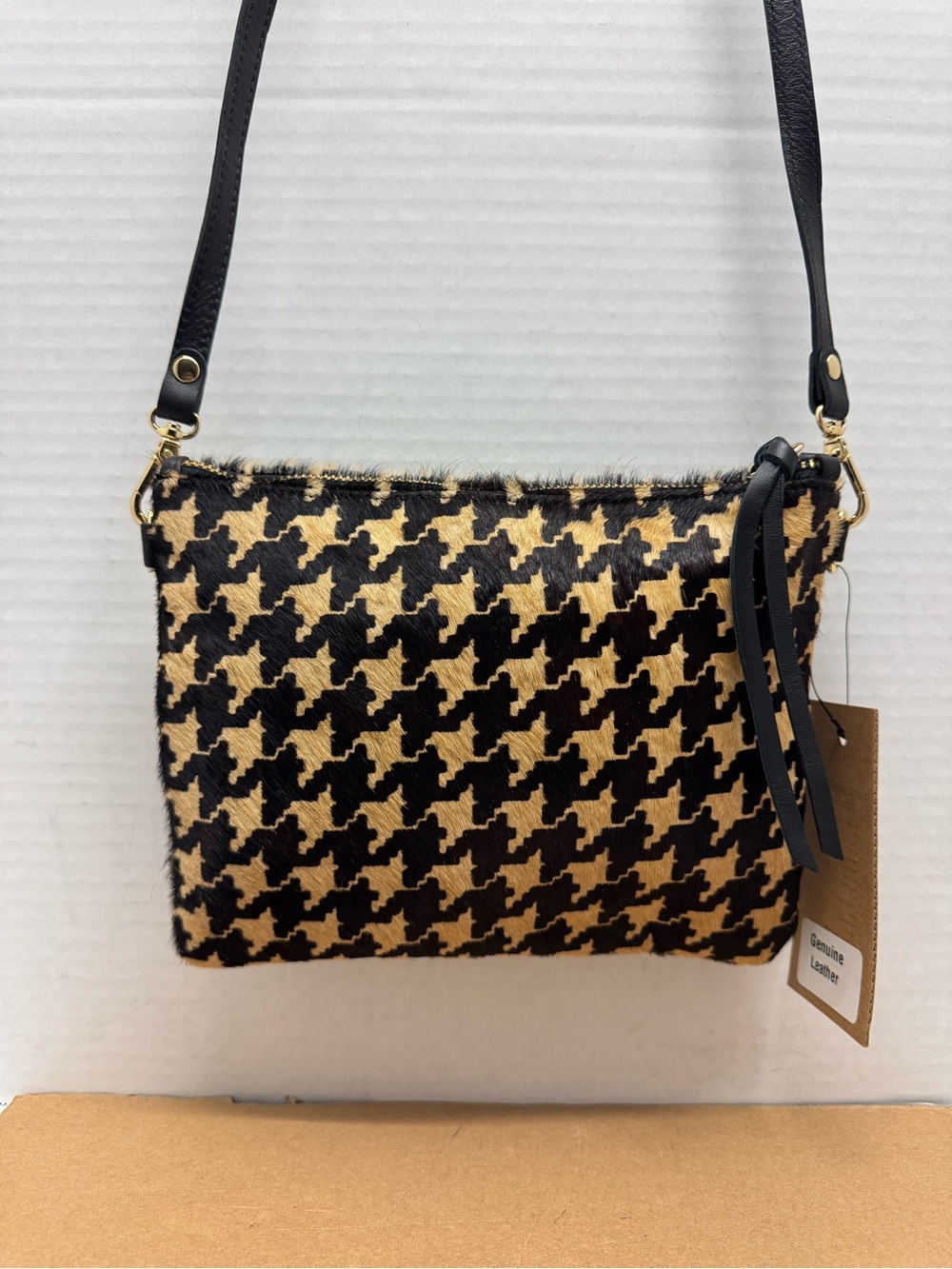 Clever Carriage Houndstooth Calfhair Leather Crossbody Bag